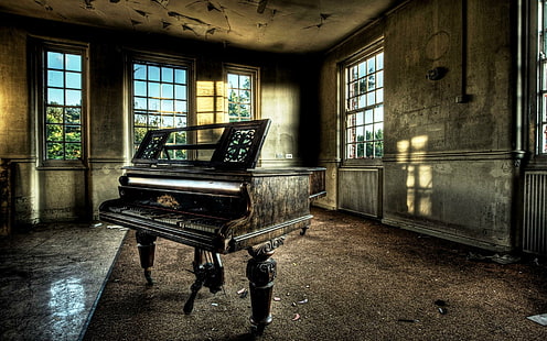 Opuszczony fortepian, okna, instrument, zepsuty, pokój, Tapety HD HD wallpaper