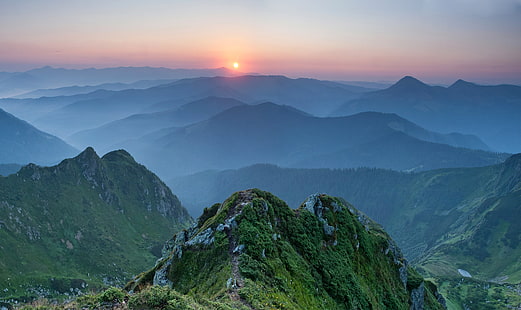 zielone pasma górskie, zachód słońca, góry, Ukraina, Karpaty, Tapety HD HD wallpaper