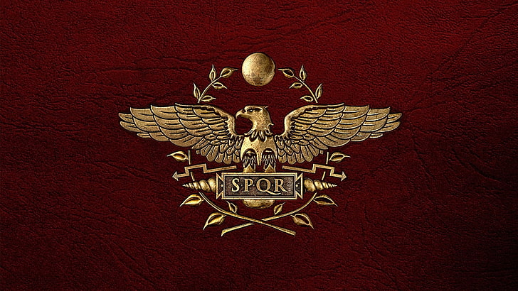gold-colored SPQR emblem, red, background, leather, symbol, coat of arms, Empire, Rome, Roman, HD wallpaper