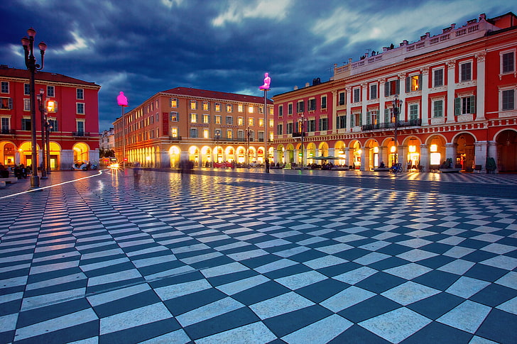 plaza surrounded with buildings HD wallpaper, France, building, area, Nice, Place Massena, HD wallpaper