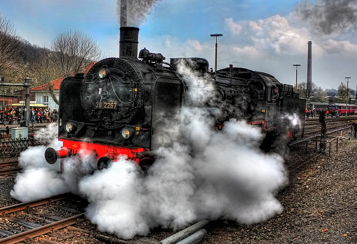 czarny pociąg, lokomotywa parowa, zabytkowe, HDR, pojazd, Tapety HD