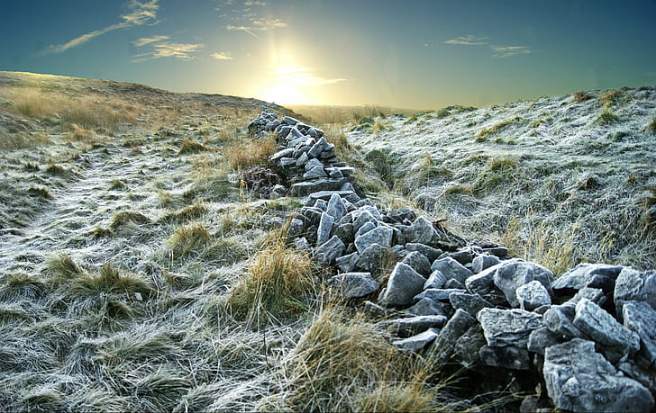 landscape photography of rocks on grass field during daytime, Heavy, frost, landscape photography, rocks, grass, field, daytime, Cob, Goyt Valley, Derbyshire, Peak District, UK, dry stone wall, sunrise, winter, nature, rock - Object, landscape, outdoors, sunset, mountain, summer, scenics, HD wallpaper