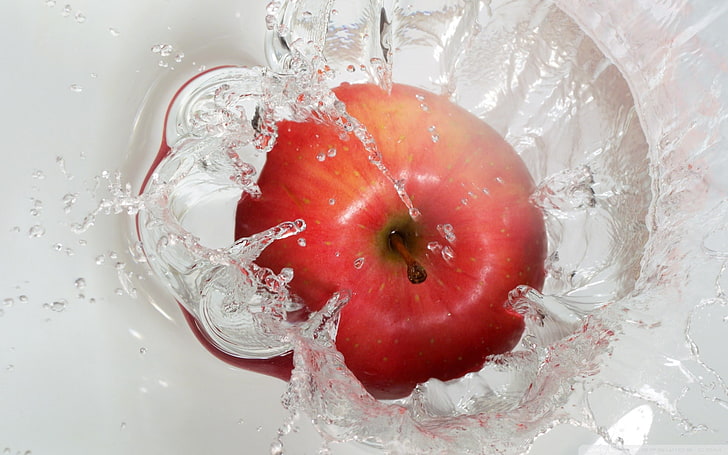 macro, apples, fruit, splashes, water, HD wallpaper