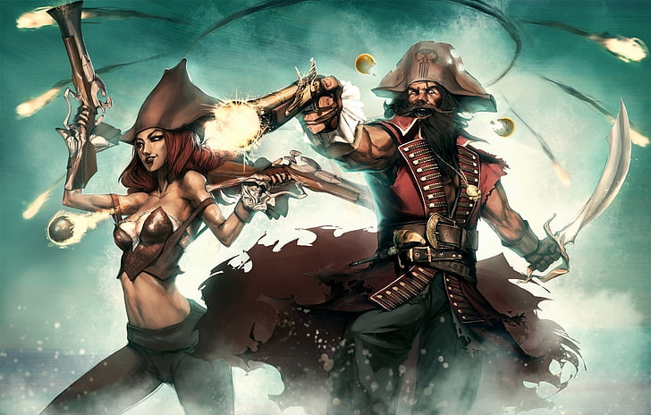 ilustracja piratów płci męskiej i żeńskiej, fantasy art, League of Legends, Gangplank, piraci, Miss Fortune (League of Legends), gry wideo, Tapety HD