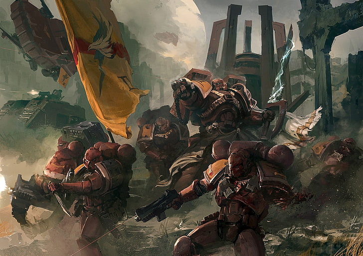 группа солдат цифровые обои, Warhammer 40,000, космические десантники, силовая броня, HD обои