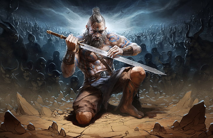 мъж, който държи меч илюстрация, тъмнина, меч, Diablo 3, варварин, Reaper of Souls, Diablo 3: Reaper of Souls, HD тапет