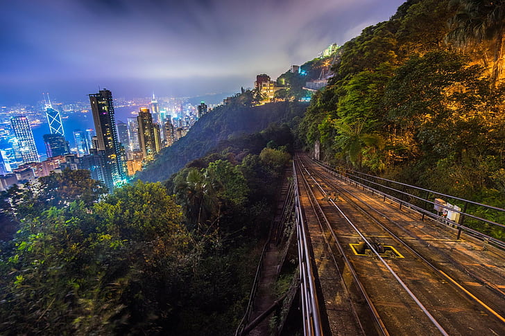 гора, небе, град, железопътна линия, Хонг Конг, HD тапет