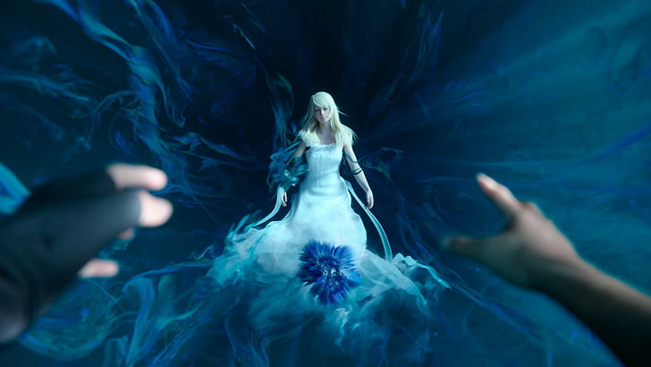 Final Fantasy XV, Final Fantasy, bunga biru, Luna (Final Fantasy XV), Noctis, kedalaman bidang, Wallpaper HD
