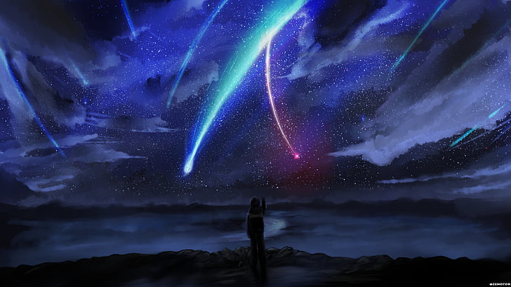 person standing near body of water digital wallpaper, person standing at the edge of a mountain during night, Kimi no Na Wa, anime, stars, sky, horizon, comet, HD wallpaper