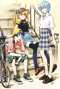 anime, Neon Genesis Evangelion, Asuka Langley Soryu, Ayanami Rei, thigh-highs, HD wallpaper HD wallpaper