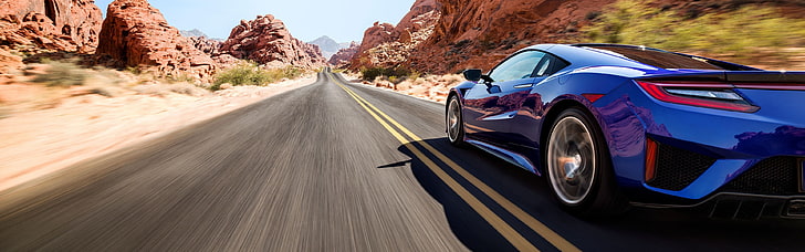 blaues Coupé, Acura NSX, Straße, Bewegungsunschärfe, Auto, Fahrzeug, Doppelmonitore, Mehrfachanzeige, HD-Hintergrundbild