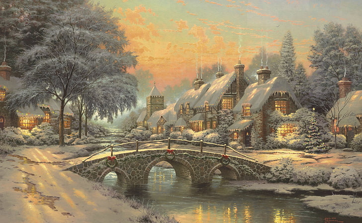 Pintura clássica de Natal por Thomas Kinkade, papel de parede de Thomas Kinkade Village Christmas, feriados, Natal, cidade, thomas kinkade, HD papel de parede