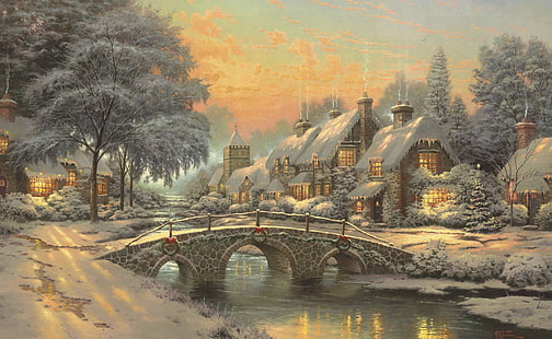 Classic Christmas Painting by Thomas Kinkade, Thomas Kinkade Village Christmas wallpaper, Holidays, Christmas, Town, thomas kinkade, HD wallpaper HD wallpaper
