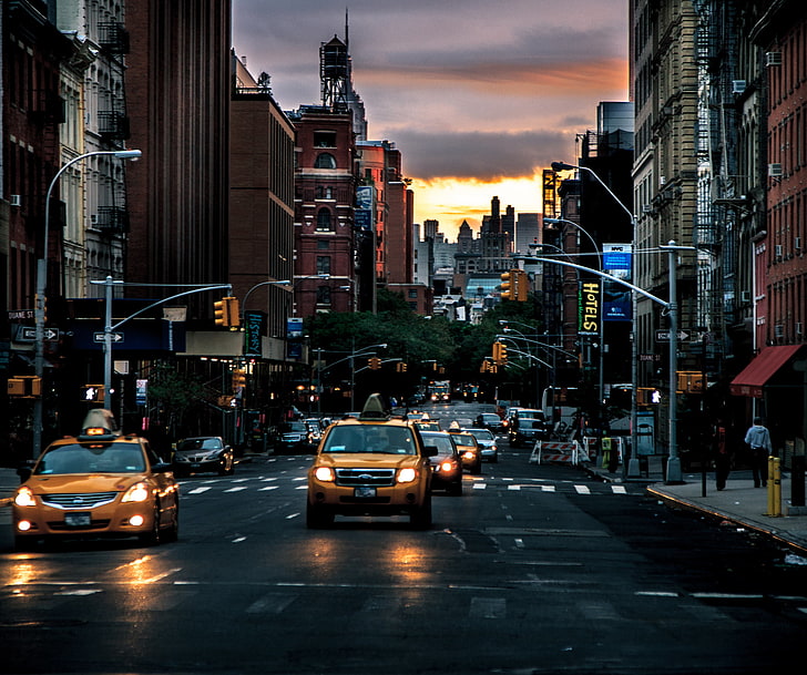 sarı taksi taksi, şafak, sokak, New York, taksi, HD masaüstü duvar kağıdı