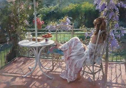 woman sitting on chair in balcony with flowers painting, girl, flowers, stay, picture, garden, book, fruit, Sunny, veranda, Vicente Romero Redondo, HD wallpaper HD wallpaper