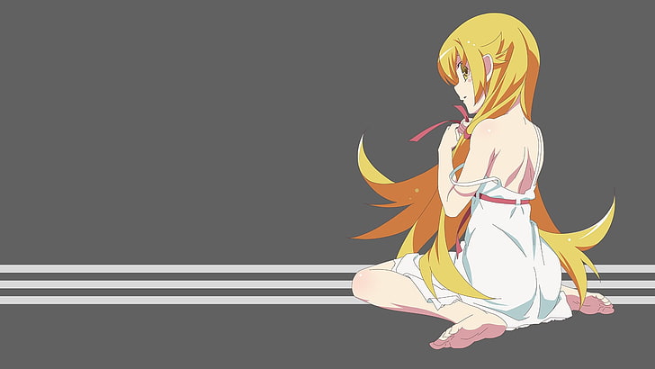 personagem feminina usando ilustração de vestido branco, anime, meninas anime, fundo simples, Oshino Shinobu, loira, série Monogatari, olhos amarelos, vestido, cabelos longos, com os pés descalços, HD papel de parede