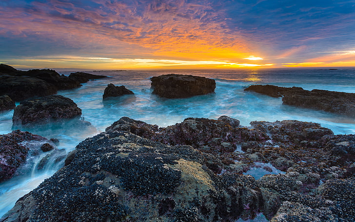 오레곤 미국 바다의 아름다운 자연 바위 바다 파도 하늘 수평선 구름 일몰 오렌지 풀 HD 바탕 화면 배경 화면 2560 × 1600, HD 배경 화면