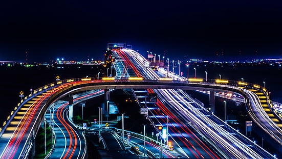time-lapse-foto av lampor på väg på natten, Tokyo Bay Aqua-Line, Highway, time-lapse, foto, lampor på, på väg, på natten, Chiba, Umi, Hotaru, ILCE-7M2, SAL70300G, Japan, parkeringsplats , natt, trafik, gata, transport, arkitektur, stadsbild, bil, väg, urban scen, bro - konstgjord struktur, flera körfält, hastighet, berömd plats, skymning, upplyst, stad, stadshorisont, byggd struktur, HD tapet HD wallpaper
