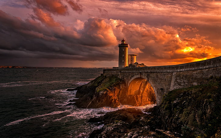 nature, landscape, lighthouse, sunset, clouds, sea, bridge, France, rock, coast, gold, HD wallpaper