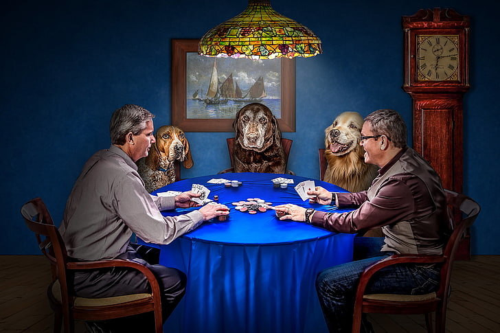 犬と2人の男性がポーカーの絵、犬、カード、ゲーム、時計、チップ、ポーカー、男性を果たしています。、 HDデスクトップの壁紙