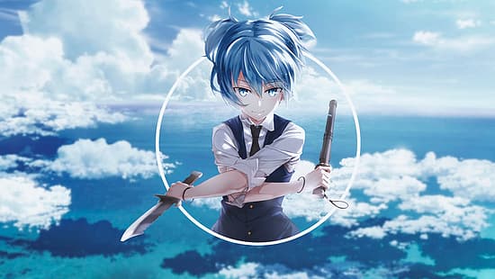 аниме, аниме девушки, картинка в картинке, класс убийц, Шиота Нагиса, синие волосы, HD обои HD wallpaper