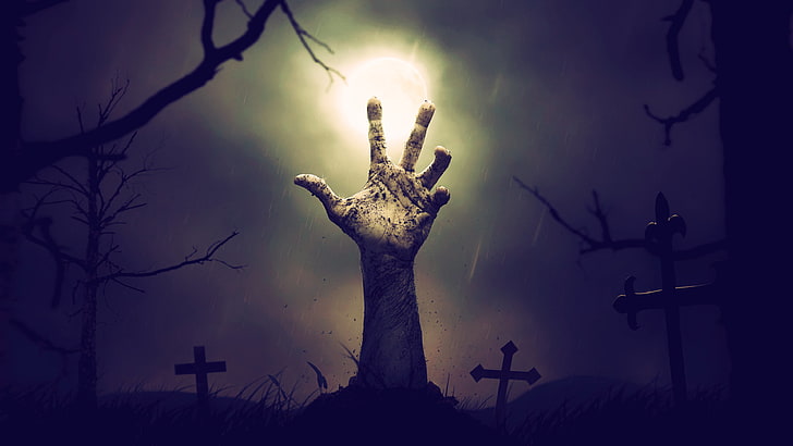 hand på gravkonst, natt, fankonst, zombies, kyrkogård, händer, kors, HD tapet