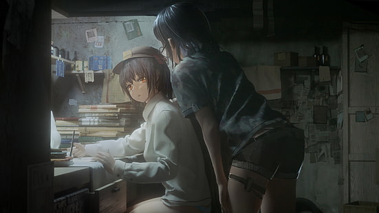 две девушки аниме персонажи, очки, книги, оригинальные персонажи, шляпа, аниме девушки, HD обои HD wallpaper