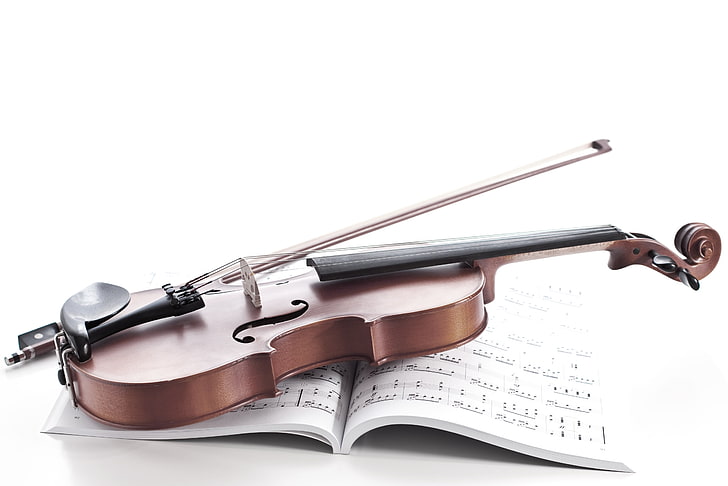 brown violin, notes, violin, notebook, bow, HD wallpaper