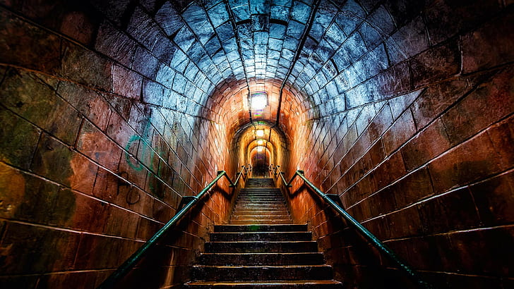 stairs, tunnel, bricks, creepy, HD wallpaper