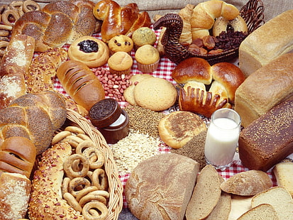 gebackenes Gebäck, Kuchen, Brot, Kuchen, lecker, Milch, Backen, HD-Hintergrundbild HD wallpaper