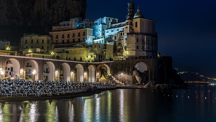 Neapel, Amalfi, Kampanien, Lichter, Italien, Meer, Nacht, Haus, Strand, HD-Hintergrundbild