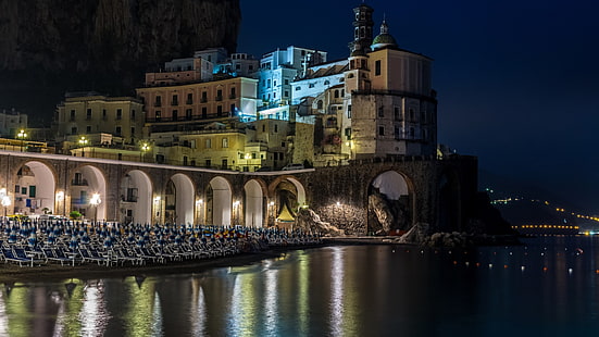 Nápoles, Amalfi, Campania, luces, Italia, mar, noche, casa, playa, Fondo de pantalla HD HD wallpaper