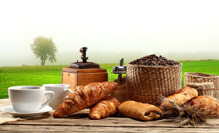 Деревенский завтрак, рано, туман, осень, еда, сельская, кофе, стол, круассаны, восход, энергия, пейзаж, ретро, ​​питание, нату, HD обои