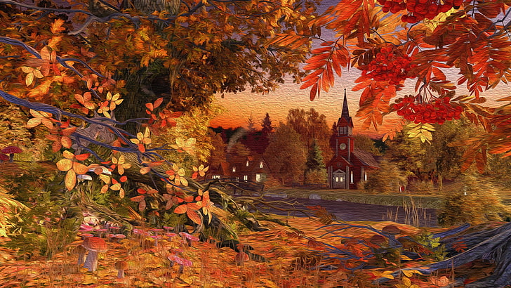 風景、秋の風景、紅葉、アートワーク、アート、絵画、教会、川、森、自然、村、寺院、絵画アート、木、紅葉、落葉性、秋、 HDデスクトップの壁紙
