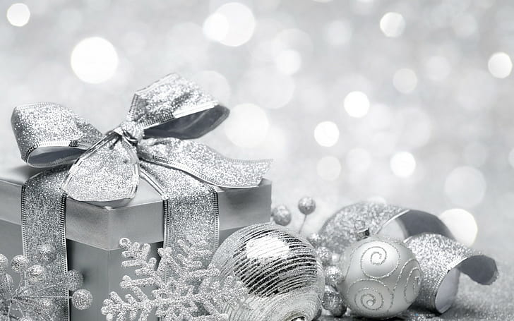Christmas, monochrome, Christmas ornaments, presents, bokeh, HD wallpaper
