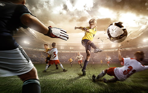 menino chutando bola de futebol papel de parede, futebol, esporte, crianças, HD papel de parede HD wallpaper