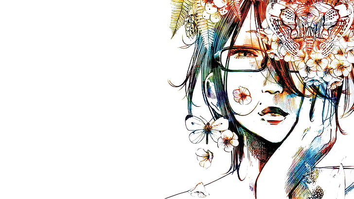 разноцветные обои лицо женщины, аниме девушки, манга, Oyasumi Punpun, красочные, очки, произведение искусства, HD обои