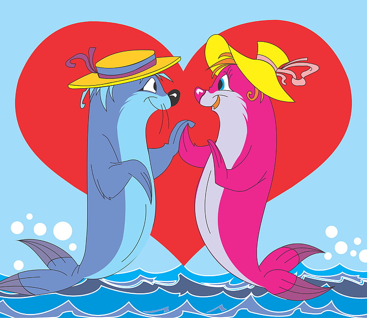 anjing laut berbulu, sepasang, cinta, hati, seni, Wallpaper HD