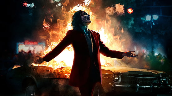 Joaquin Phoenix, Joker, Batman, fuego, coche, Joker (película de 2019), obra de arte, Fondo de pantalla HD HD wallpaper