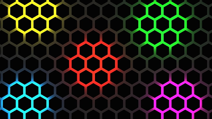 blue, red, yellow, green, and pink honey comb pattern, hexagons, glow, backlight, background, HD wallpaper