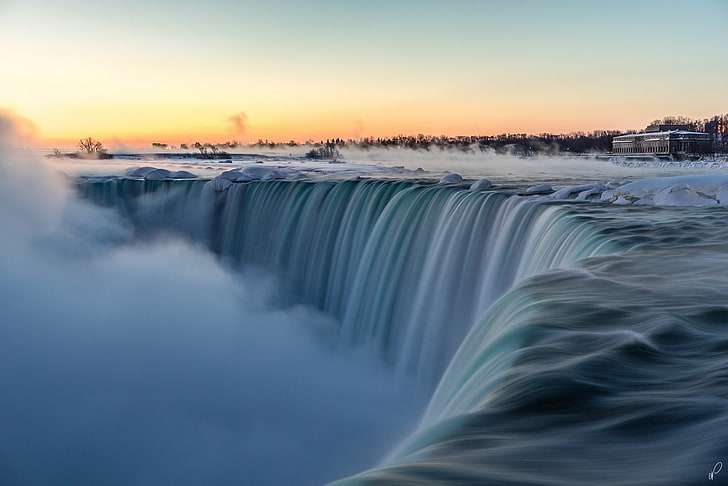 Wasserfall, Fluss, Schnee, Langzeitbelichtung, Winter, Natur, Niagarafälle, HD-Hintergrundbild