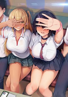  anime girls, women, blonde, dark hair, schoolgirl, school uniform, skirt, legs, tie, HD wallpaper HD wallpaper