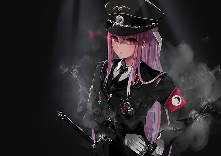 Reisen Udongein Inaba, нацист, Touhou, униформа, розова коса, червени очи, дим, дълга коса, армия, HD тапет
