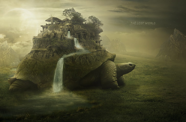 Затерянный мир постер, фэнтези-арт, черепаха, природа, цифровое искусство, водопад, HD обои