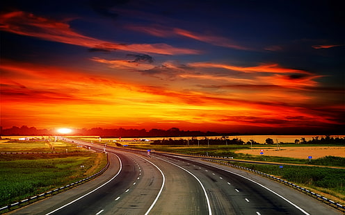 O caminho para o pôr do sol, noite, rodovia, auto-estrada, nuvens, céu, HD papel de parede HD wallpaper