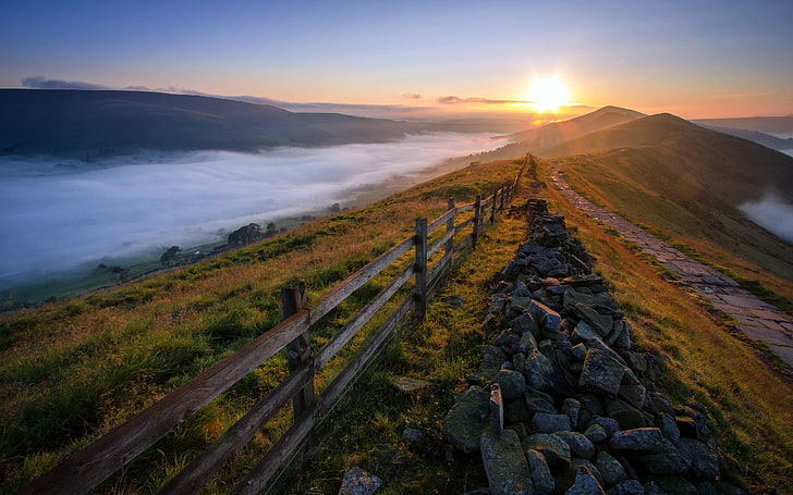 gray wooden fence, nature, sunset, landscape, mist, rock, HD wallpaper