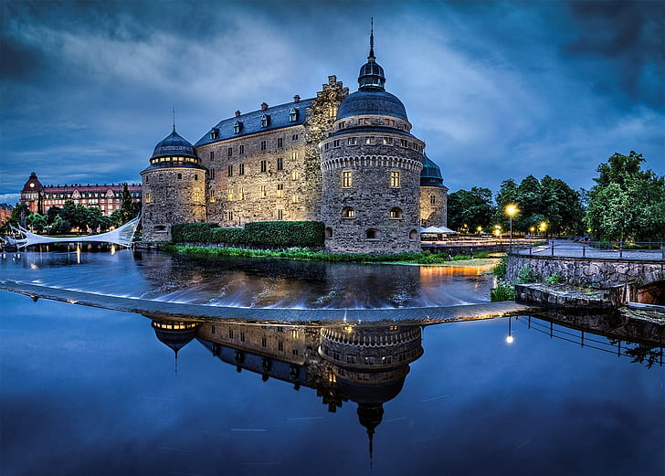 Швеция Orebro, Sverige, Швеция, Örebro slott, Швеция Orebro, замък, река, вода, отражение, архитектура, вечер, небе, осветление, HD тапет
