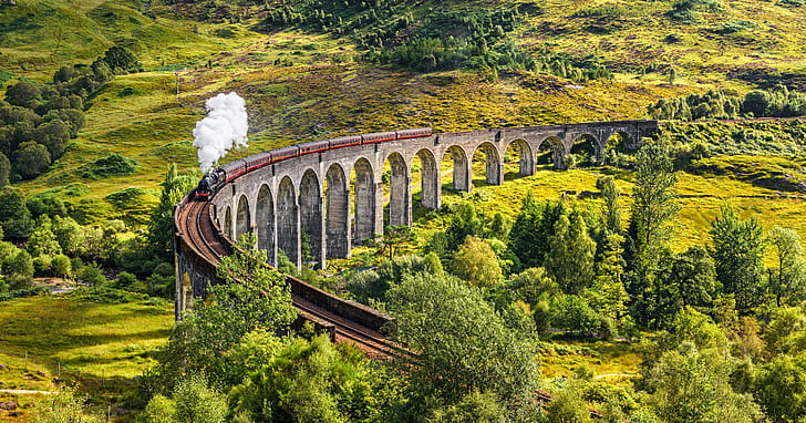 Двигатель, Шотландия, Поезд, Виадук, 1901, Гленфиннан, Гленфиннан Виадук, HD обои