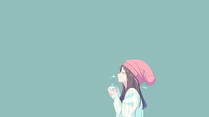 anime, hat, anime girls, winter, coffee, cold, minimalism, turquise, closed eyes, brunette, cup, HD wallpaper