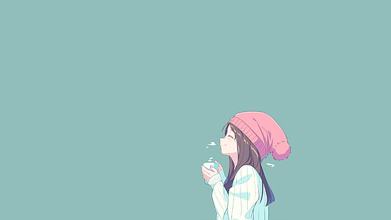 anime, hut, anime girls, winter, kaffee, erkältung, minimalismus, türkis, geschlossenen augen, brünette, tasse, HD-Hintergrundbild HD wallpaper